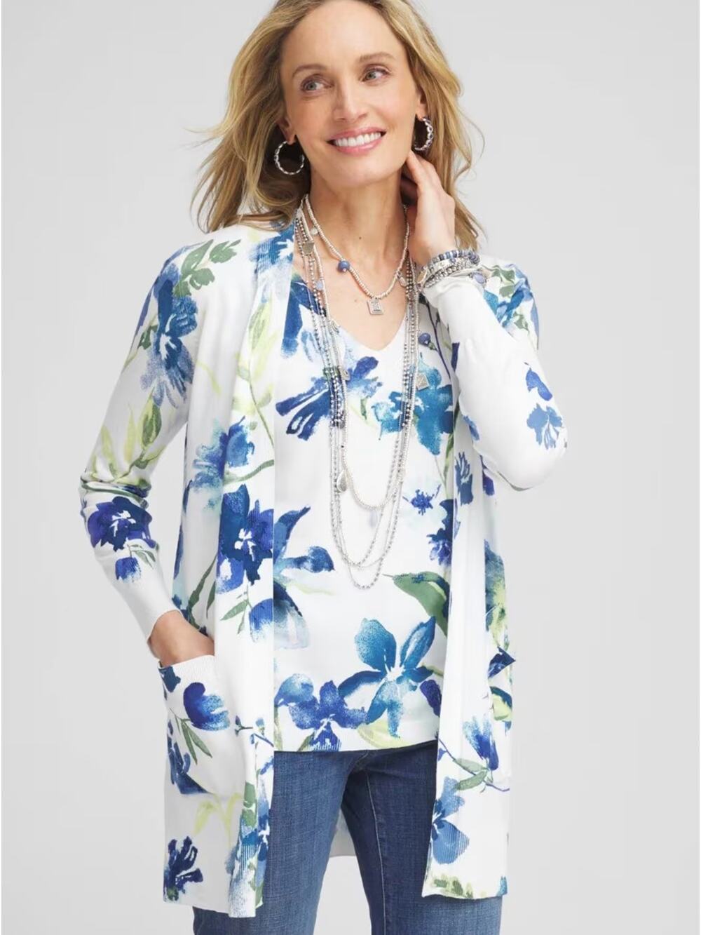 Chicos Womens L White Blue Floral Open Front Cardigan Knit Tank Top Set NWT